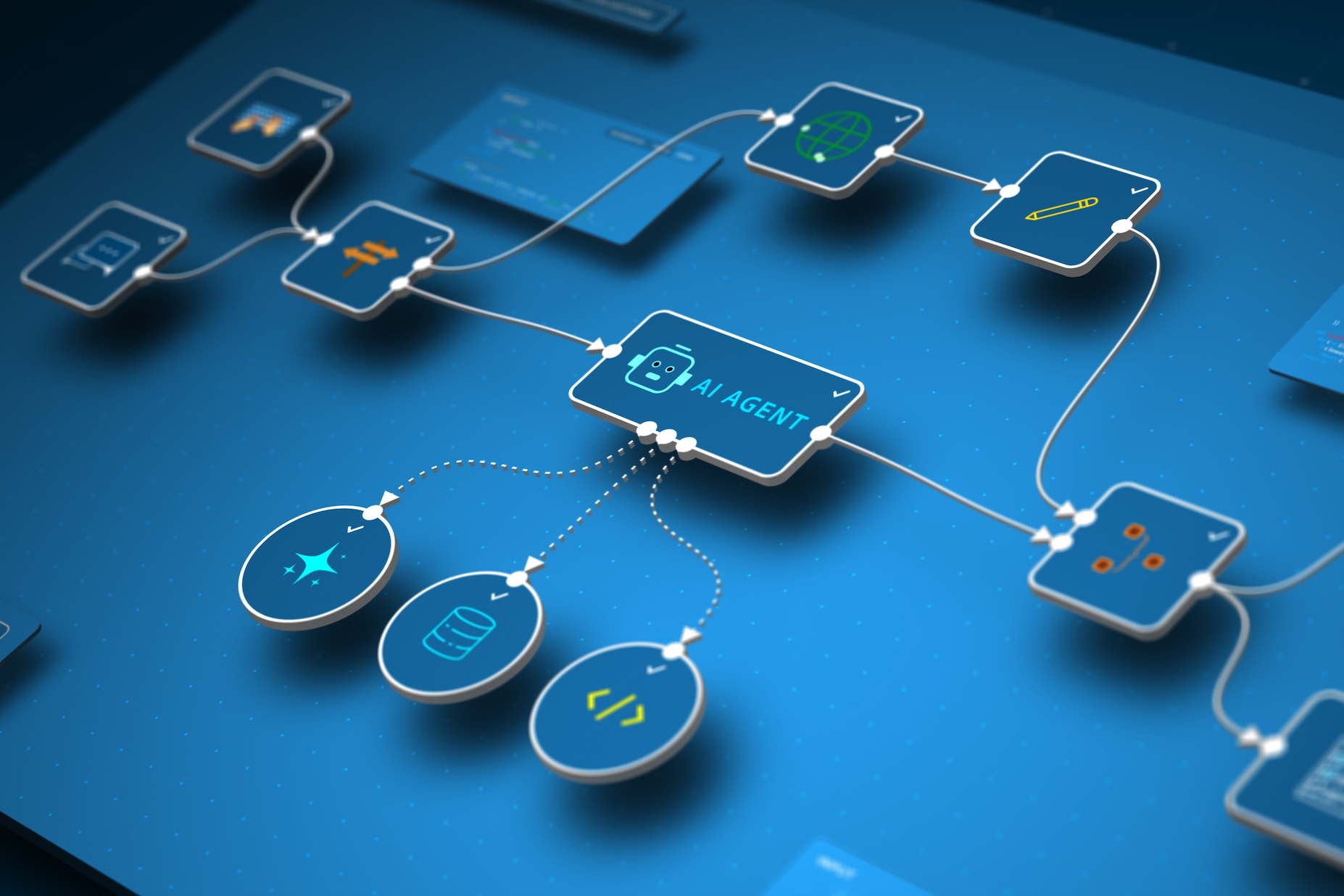 A digital architectural diagram showing an AI Agent node connected to various software development lifecycle inputs like code repositories, databases, and global networks