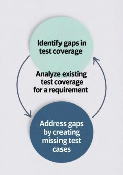 identify gaps in test coverage, analyze existing test coverage for a requirement, address gaps by creating missing test cases