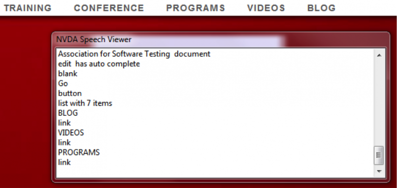 The screen reader NVDA describes a website layout