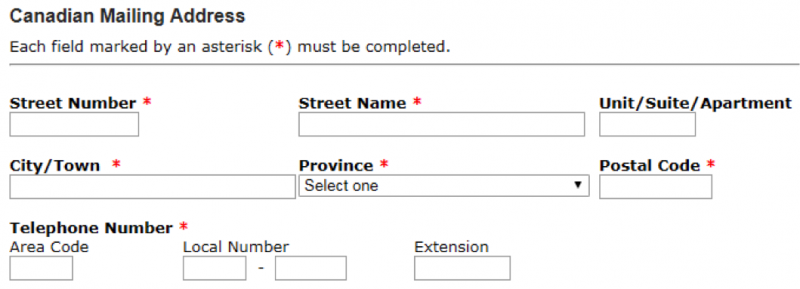 Mailing address form with mandatory fields marked by asterisk, with meaning of the asterisk also explained