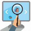 Person holding magnifying glass up to computer screen to find a bug